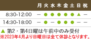 診療時間9:00-12:00、14:30-18:00 休診日：月・木曜午後・日祝